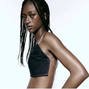 Zara Denim Cropped Top with Jeweled Straps Size S-M